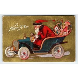 Vintage Santa Claus Christmas Postcard with Toy-Filled Auto Car - Holiday Theme